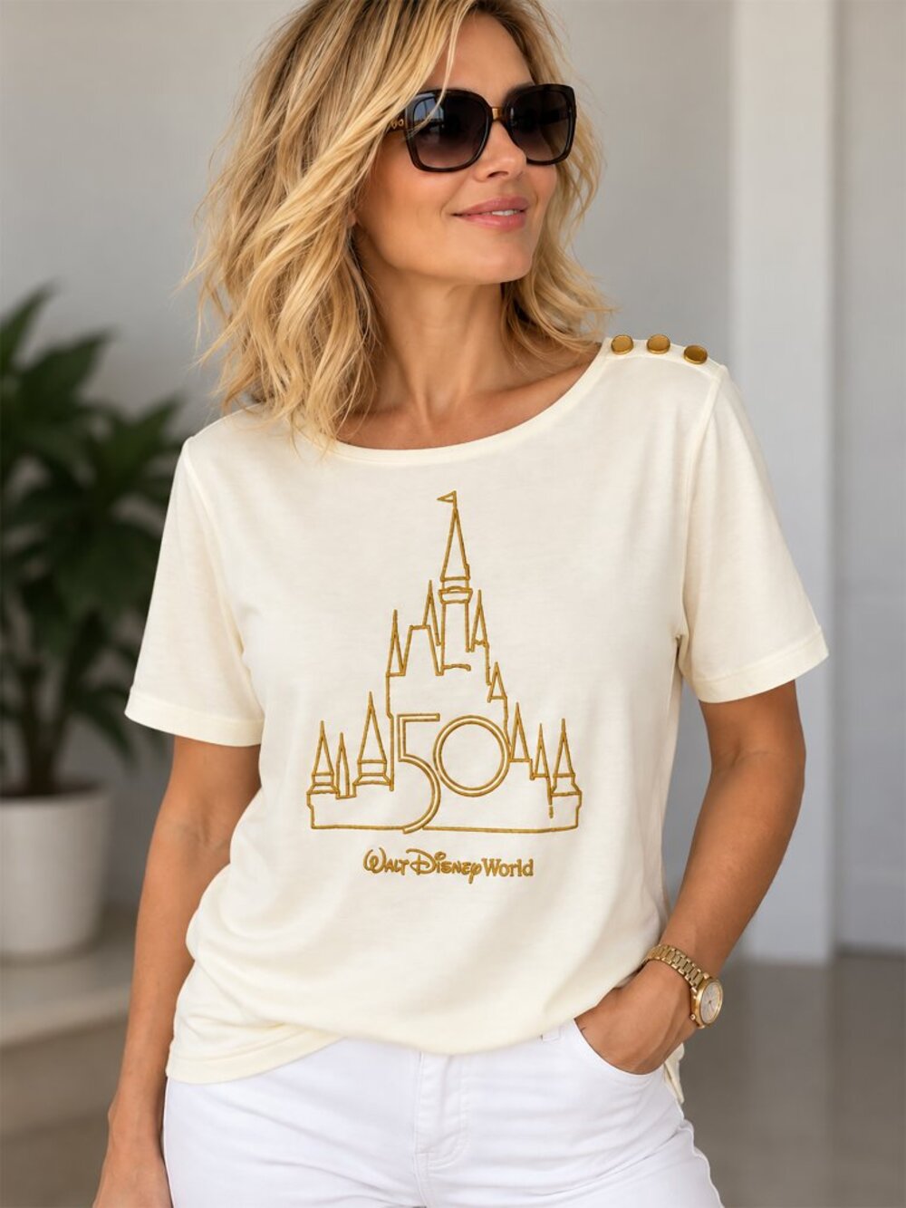 Walt Disney World 50th Anniversary Women’s Shirt Size L Ivory Gold Castle + Bag